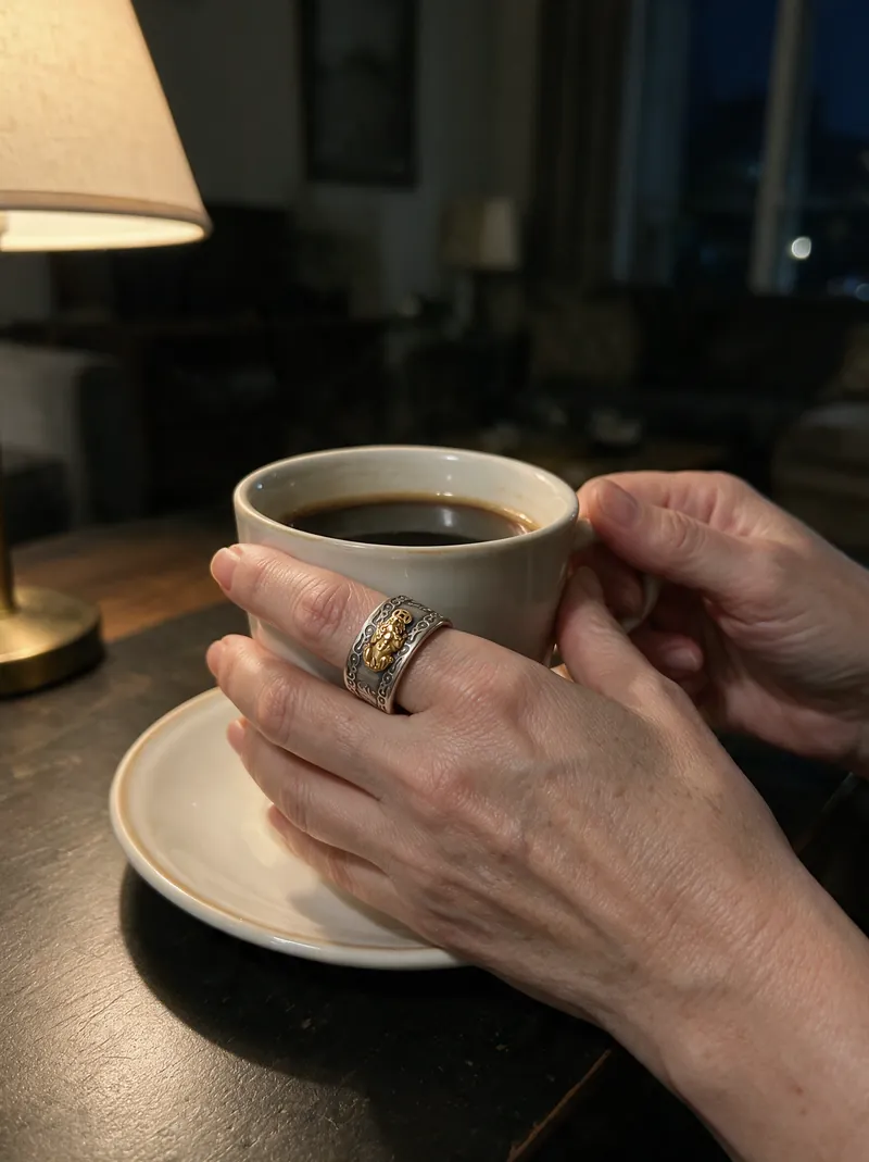Las manos de una señora con su taza de café, con el Anillo Pixiu