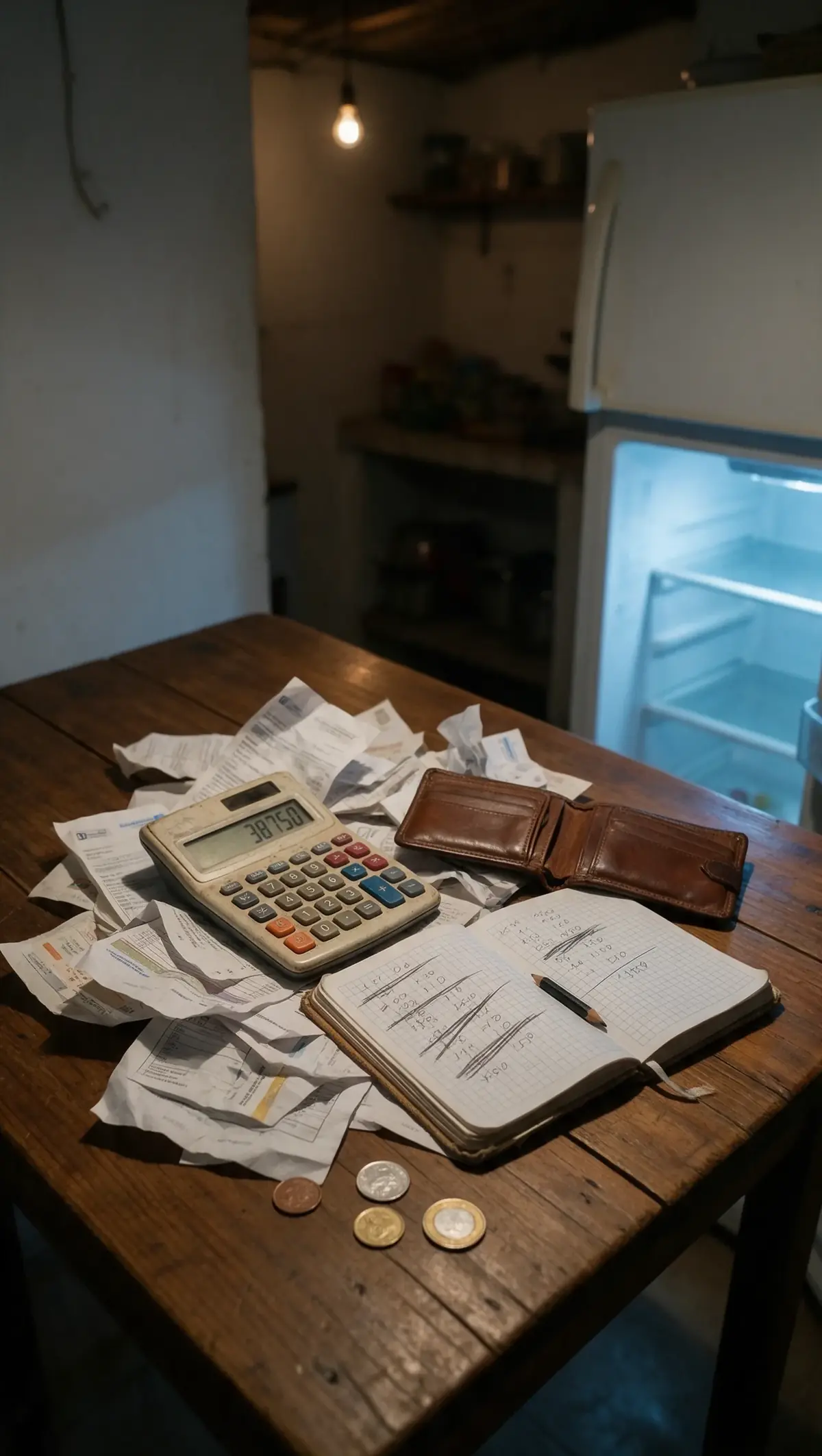La mesa de una cocina de noche con recibos, una calculadora y una billetera vacía